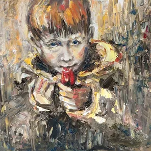 Мальчик с красной свистулькой — портрет, масло на холсте, 2024, 50×60 см