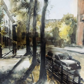 Иркутские контрасты. Сквер. Городской пейзаж, акварель, 2024, 57×38 см