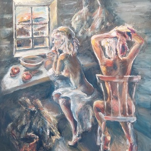 Чистый четверг — Деревенская баня, масло на холсте, 2024, 90×80 см