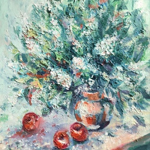 «Черемуха» (2025), масло на холсте — лирический натюрморт о мимолётной радости будней