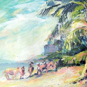 «Розовые лошади на пляже» (2025), акрил на бумаге, 30×40 см — экспрессивная картина, передающая жаркое тропическое утро на пляже