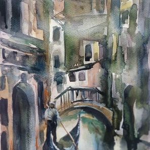 Гондольер — акварель, 2024, 25×35 см — канал, сумерки, гондола, городской пейзаж