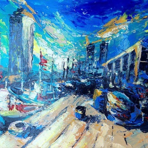 «Рыбный рынок Хуа Хин» (2025), акрил на бумаге, 30×40 см — живой пейзаж уличной торговой жизни южного побережья