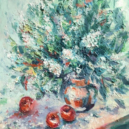 «Черемуха» (2025), масло на холсте — лирический натюрморт о мимолётной радости будней