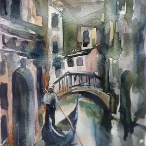 Гондольер — акварель, 2024, 25×35 см — канал, сумерки, гондола, городской пейзаж