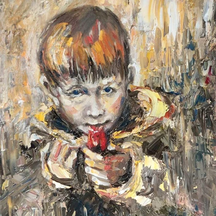 Мальчик с красной свистулькой — портрет, масло на холсте, 2024, 50×60 см