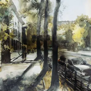 Иркутские контрасты. Сквер. Городской пейзаж, акварель, 2024, 57×38 см