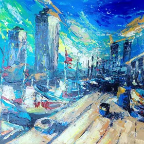 «Рыбный рынок Хуа Хин» (2025), акрил на бумаге, 30×40 см — живой пейзаж уличной торговой жизни южного побережья