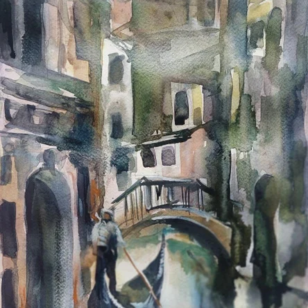 Гондольер — акварель, 2024, 25×35 см — канал, сумерки, гондола, городской пейзаж
