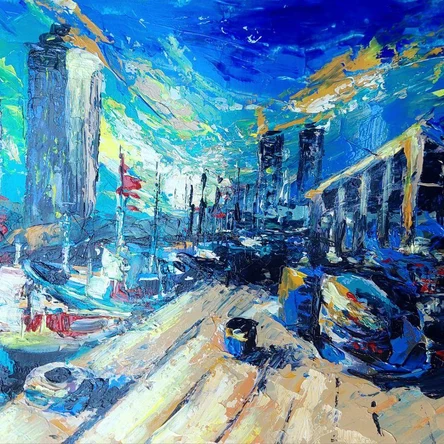 «Рыбный рынок Хуа Хин» (2025), акрил на бумаге, 30×40 см — живой пейзаж уличной торговой жизни южного побережья