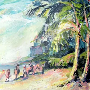 «Розовые лошади на пляже» (2025), акрил на бумаге, 30×40 см — экспрессивная картина, передающая жаркое тропическое утро на пляже