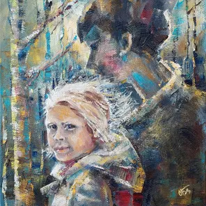 «Сестры. Разговор» (2023), масло на холсте, 50×40 см — проникновенный жанровый портрет