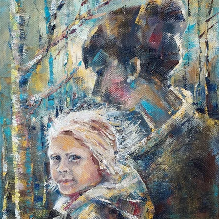 «Сестры. Разговор» (2023), масло на холсте, 50×40 см — проникновенный жанровый портрет